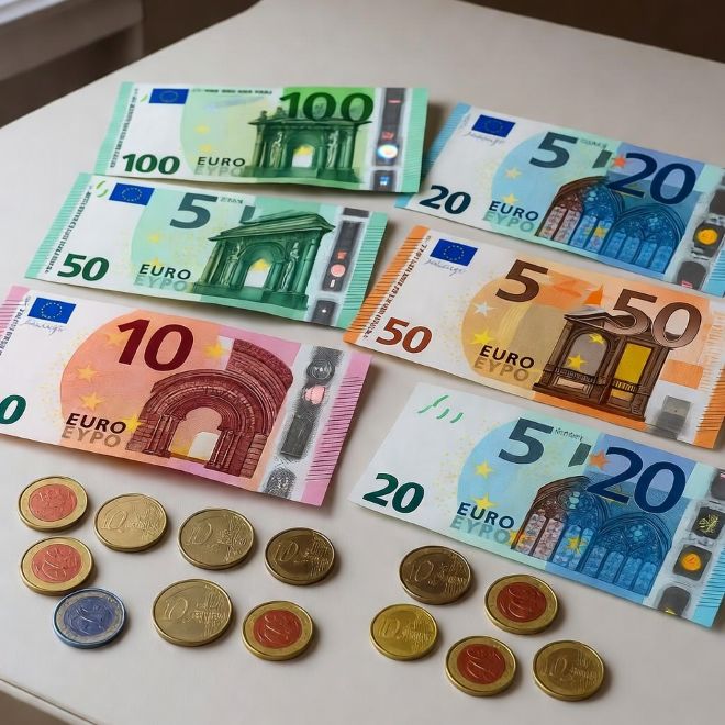 euro banknotes and coins